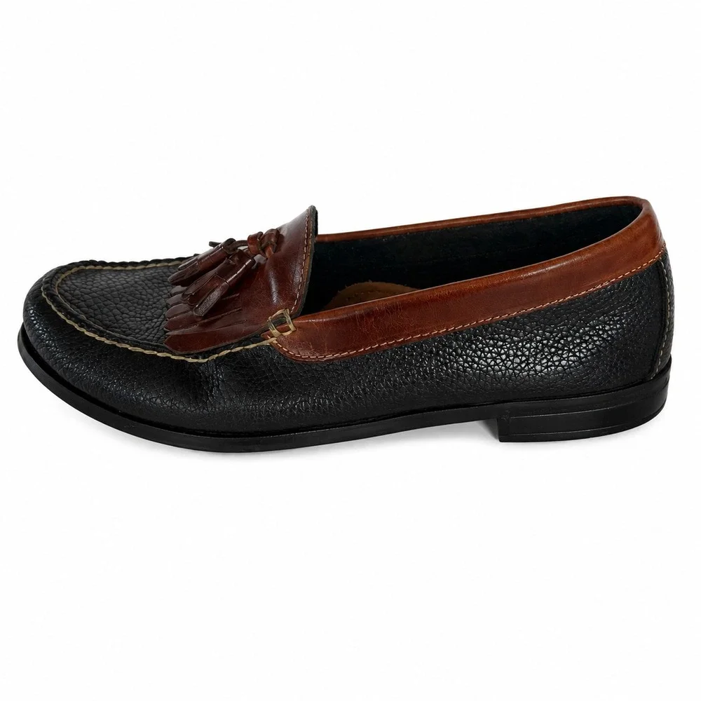 Bass Weejuns Kiltie Tassel Loafers Men 9.5 Black Brown Pebbled Leather Slip On